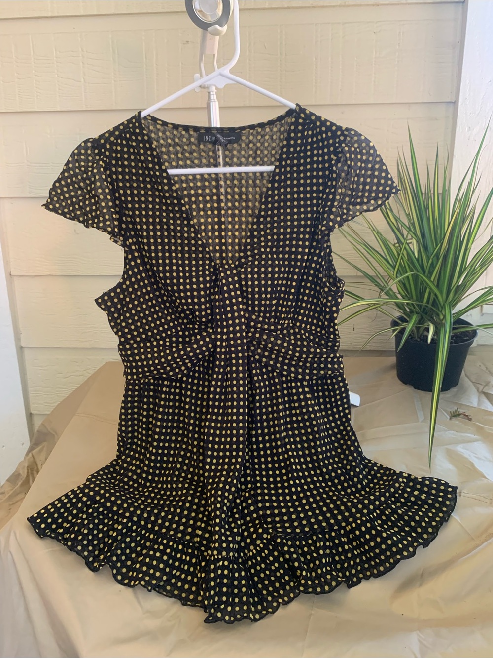 INC International Concepts Black Dress with Gold Polka Dots V-Neck